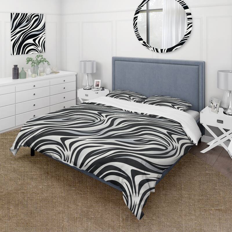 Designart "Black And White Zebra Stripes" White Modern Bed Cover Set